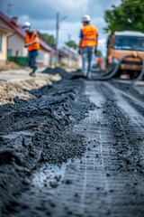 Naklejka premium road construction and asphalt lying, highway development, workers at construction site