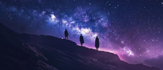 A few silhouettes standing on a mountain under a starry night sky.