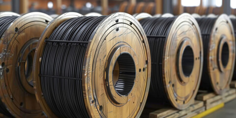 Close-up of industrial reels with black cables neatly coiled on wooden spools.  texture of the cables and spools, representing utility and electrical materials..