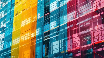 building protection wrapping by safety textile net, development and construction site scaffolding and colorful protective wrap