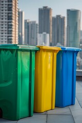 colorful recycling bins at big city background, reusable waste and environment conservation concept