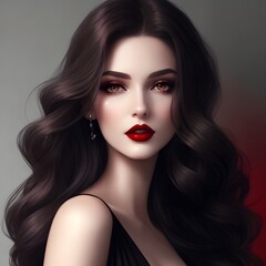 Fototapeta premium Captivating AI Art: Dark-Haired Woman in Elegant Black Dress, Digital Illustration. Beautiful Digital Portrait of a Woman with Deep Blue Eyes and Luxurious Black Hair – AI Generated Art 