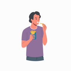 Young man with french fries. Vector flat cartoon illustration