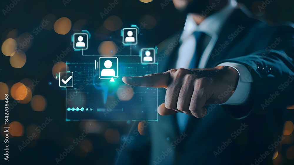 Poster businessman selects a person from a group of icons with a check mark on a virtual screen for dancer 