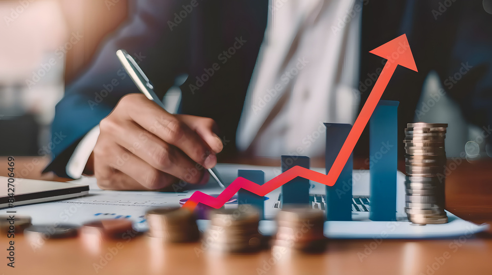 Poster businessman taking notes with rising arrow. grow graph up line icon and stack of coins on table back