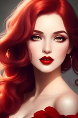 Fototapeta premium Stunning Red-Haired Woman in Flowing White Dress with Petals – AI Generated Art, Beautiful Digital Artwork of a Woman with Fiery Red Hair and Delicate Features Ethereal Redhead Portrait