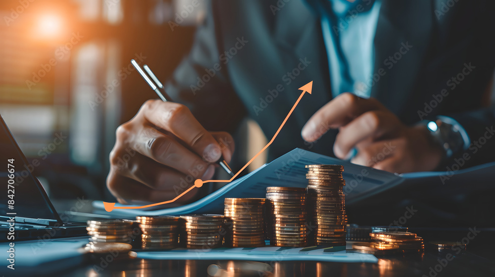 Poster businessman taking notes with rising arrow. grow graph up line icon and stack of coins on table back