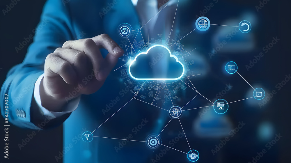 Poster businessman touching a cloud technology icon with a network connection on a virtual screen. business
