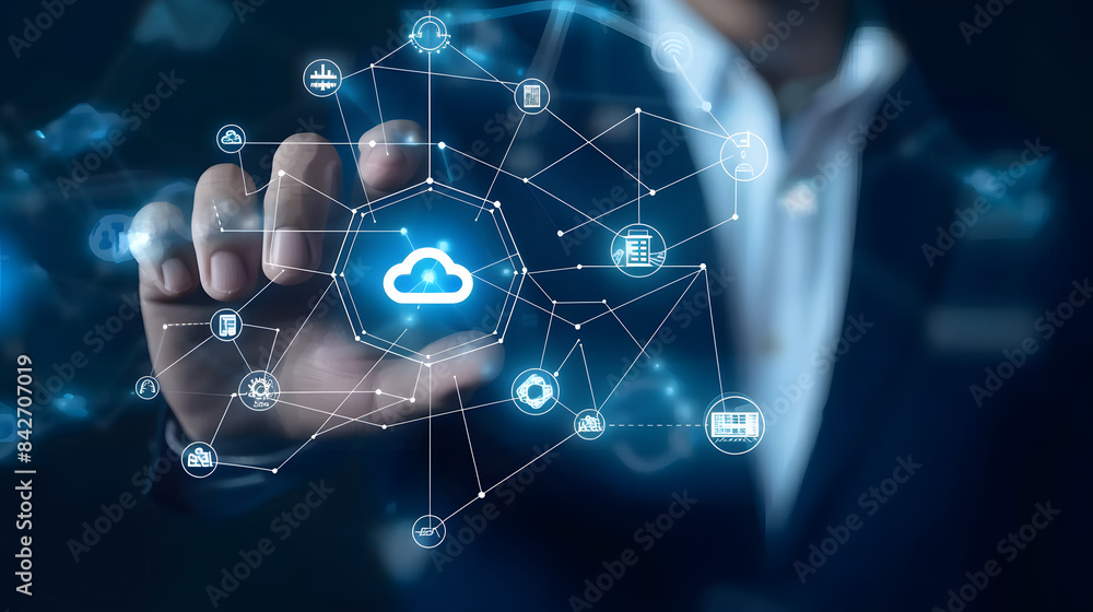 Poster businessman touching a cloud technology icon with a network connection on a virtual screen. business
