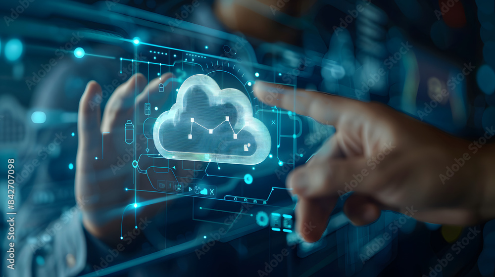 Poster businessman touching a cloud technology icon with a network connection on a virtual screen. business