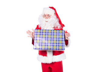 Santa Claus with gifts and wish list. White background.