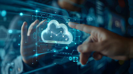 Fototapeta premium Businessman touching a cloud technology icon with a network connection on a virtual screen. Business man using an online web banner 