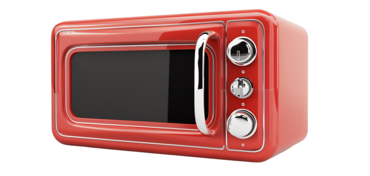 Red retro microwave oven isolated on white background.