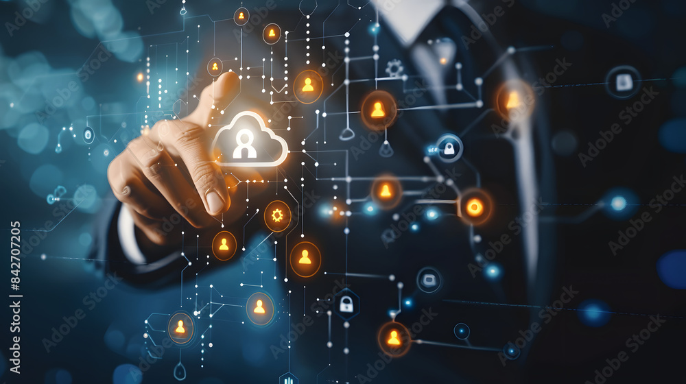 Poster businessman touching a cloud technology icon with a network connection on a virtual screen. business