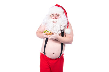 Funny Santa Claus eats a burger. White background.