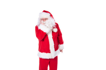 Funny Santa Claus is doing fitness. White background.