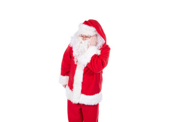 Funny Santa Claus is doing fitness. White background.