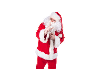 Funny Santa Claus is doing fitness. White background.