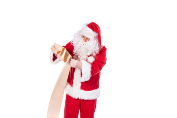 Santa Claus with gifts and wish list. White background.