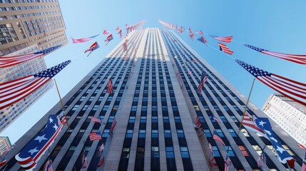 A towering city skyscraper adorned with American flags and red, white, and blue banners, set against a clear blue sky.