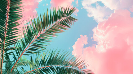 Obraz premium Pink and blue tinted clouds with palm leaves