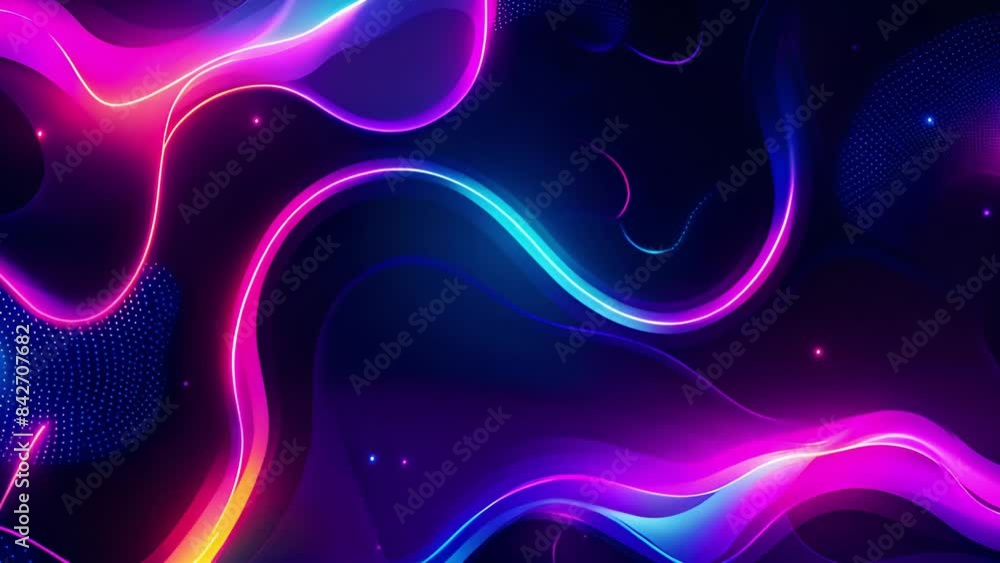 Poster an abstract design with glowing neon lines and dots in various colors against a dark background.