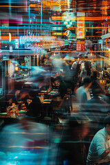 crowded restaurant or pub with people dining and waiters, bartender and chefs working, crowd drinking and eat in full bar or cafe, blurred motion