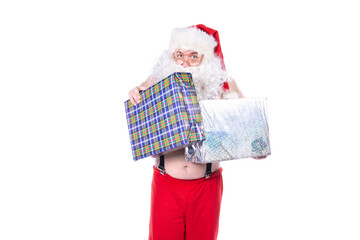 Santa Claus with gifts and wish list. White background.