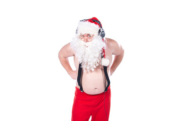 Funny Santa Claus is dancing. White background.