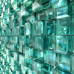 3D geometric pattern of turquoise glass cubes.