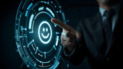 Businessman touching a virtual screen with a smiley face for a customer service review and experience icon on an isolated black background