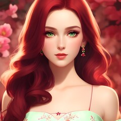 Stunning Red-Haired Woman in Flowing White Dress with Petals – AI Generated Art, Beautiful Digital Artwork of a Woman with Fiery Red Hair and Delicate Features Ethereal Redhead Portrait 