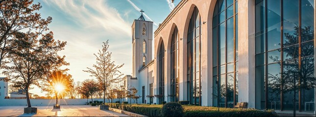 A modern church exterior, featuring contemporary architecture. The tall, white building boasts large windows and arched doors.