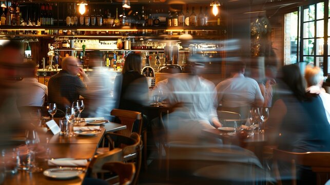 crowded restaurant or pub with people dining and waiters, bartender and chefs working, crowd drinking and eat in full bar or cafe, blurred motion - Powered by Adobe