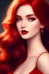 Fototapeta premium Stunning Red-Haired Woman in Flowing White Dress with Petals – AI Generated Art, Beautiful Digital Artwork of a Woman with Fiery Red Hair and Delicate Features Ethereal Redhead Portrait 