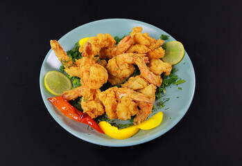 shrimp isolated deep fried seafood grilled vegetable back background 