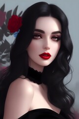 Fototapeta premium Captivating AI Art: Dark-Haired Woman in Elegant Black Dress, Digital Illustration. Beautiful Digital Portrait of a Woman with Deep Blue Eyes and Luxurious Black Hair – AI Generated Art