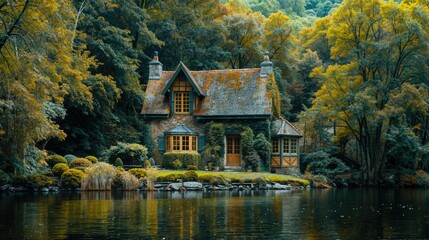 Obraz premium A serene scene of a wooden house nestled amidst a lush green forest
