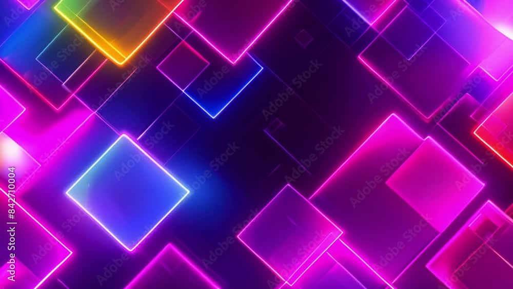 Poster a vibrant background featuring a pattern of overlapping neon squares in various colors, including bl