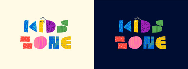 Fototapeta premium Kids zone abstract decorative concept logo. Modern colorful graphic shapes lettering for playroom advertising. Children fun and play place trendy creative sign. Cartoon artistic style inscription