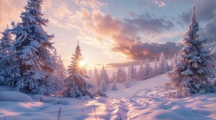 captures a serene winter scene A forest of snow-covered trees stretches across