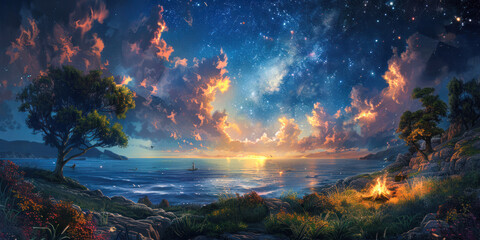 Fototapeta premium Surreal seascape with fiery clouds and stars