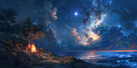 Naklejka premium Nighttime coastal scene with starry sky and campfire