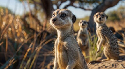 Fototapeta premium there are three brown and white striped hyenas standing on a dirt
