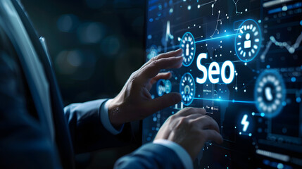 Businessman touching digital icon of Seo with hand on virtual screen 