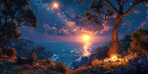 Clifftop campfire at ocean sunset with stars