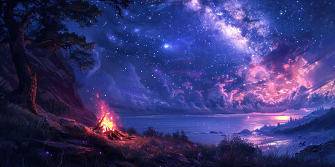 Fototapeta premium Camping under a cosmic sky with vibrant colors