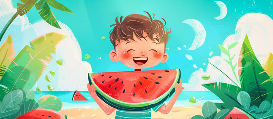 A boy happines eating watermelon during a hot summer day