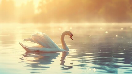 Swan on the lake at sunrise, soft focus and vintage tone