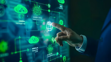 Businessman touching green CO2 icon on virtual screen for carbon neutral and climate change with clean energy concept. E pigment print 